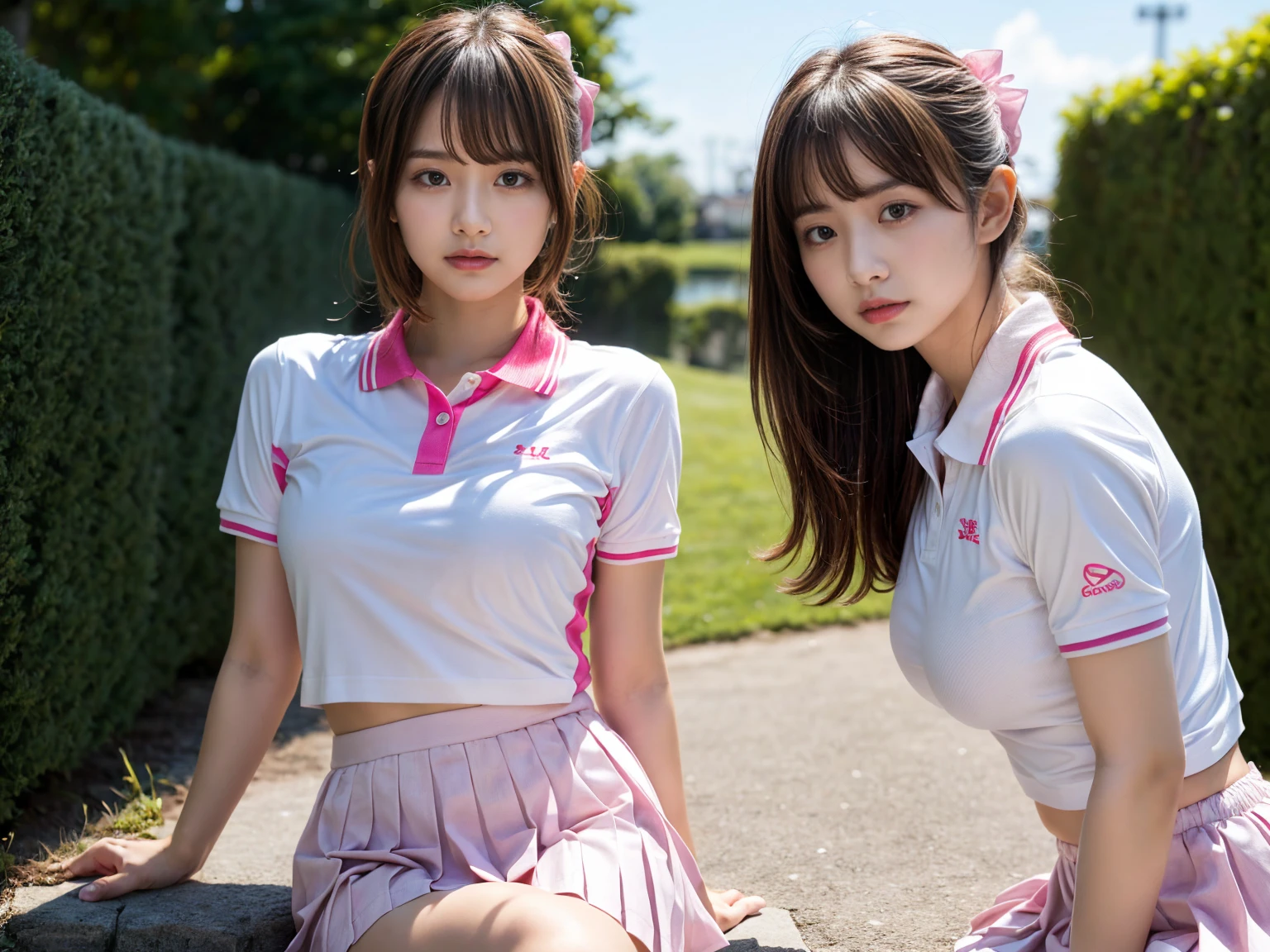 masterpiece, best quality, illustration, Super detailed, fine details, High resolution, 8K,wall paper, perfect dynamic composition,(Details High quality, realistic depiction of eyes:1.3), (2 girls), BREAK (white theme:1.4), (tucked-out short sleeve white polo shirt:1.4), (pink lines on tops outline:1.3), (pure white pleated mini skirt:1.3), (hem of top covers top half of skirt:1.3), (pink fluffy scrunchie on wrist:1.3), (white and pink sports shoes:1.2), short bob hair, (large breasts:1.2), plumpy body, black hair color, Big Natural Color Lip, (perfect body shape), crying a little、Harajuku style、20 year old girl、cute type、beautiful legs, Gravure Idol