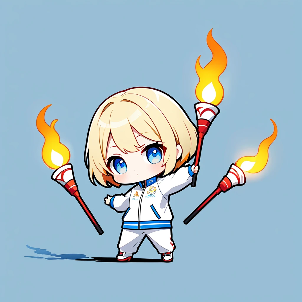 ultra-small deformation, Chibi Cute, 1girl, solo, full body, blonde short hair, blue eyes, wearing white Olympic torchbearer uniform, she is juggling with three lit torches, High contrast and vivid color, simple background