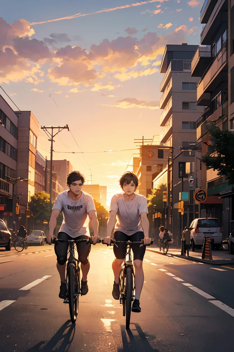 (absurd, very detailed, realistic, ), 1 Boy,mature, alone, black short hair, white t shirt,brown eyes,Cyclists passing by on a busy city road looking at the sunset with their hair flying, Ultra-detailed, best quality, detailed diagram, 8k, graphic design, full hd, Walk,