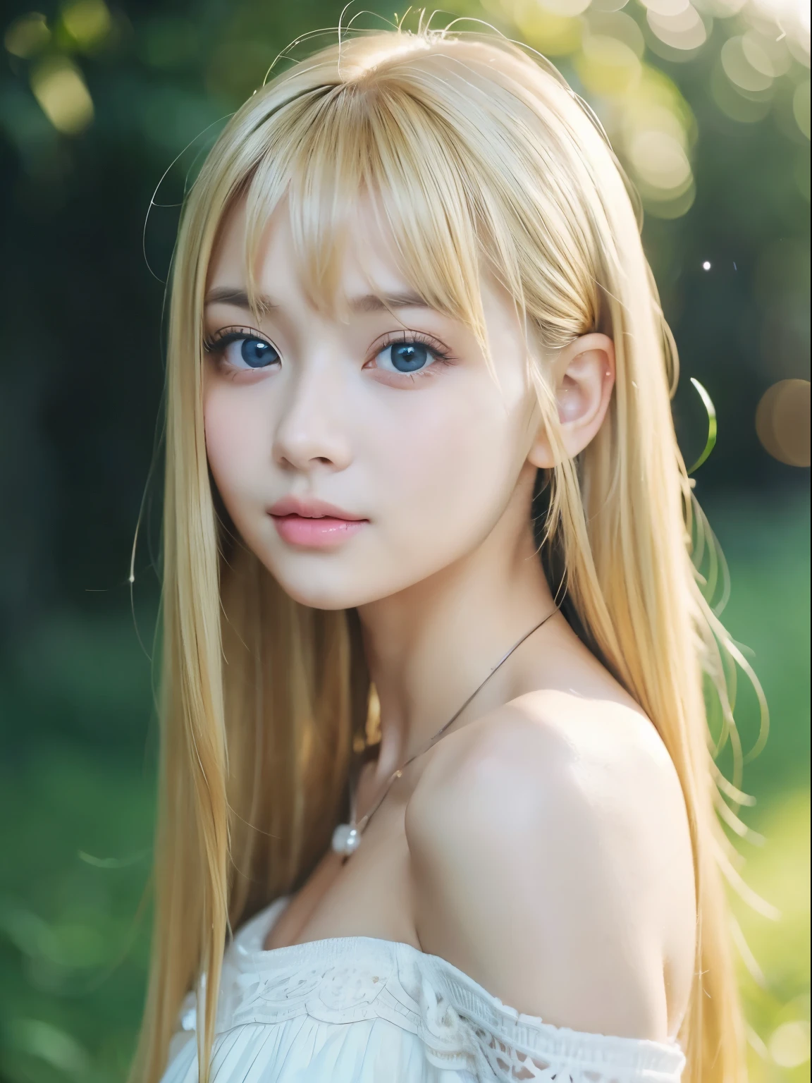 raw photo、(((Portrait of extreme beauty)))、((beautiful and shiny white skin))、1 girl、baby face、small face beauty、Cute beautiful girl of 14 years old、((Radiant bright blonde hair))、cute clothes、hair hanging from face、[Attractive whitish white light blue eyes,,,]、Super long straight silky hair、eyeliner、beautiful bangs、hair between eyes、fluttering hair、a little smile、((masterpiece、top quality、very detailed、film light、intricate details、highest resolution、8k、very detailed))、detailed background、8k words、digital SLR、soft light、high quality、film grain、Fujifilm XT3 、shallow depth of field、자연스럽고 soft light、（perfect hands）、perfectly beautiful face、big bust、small face beauty