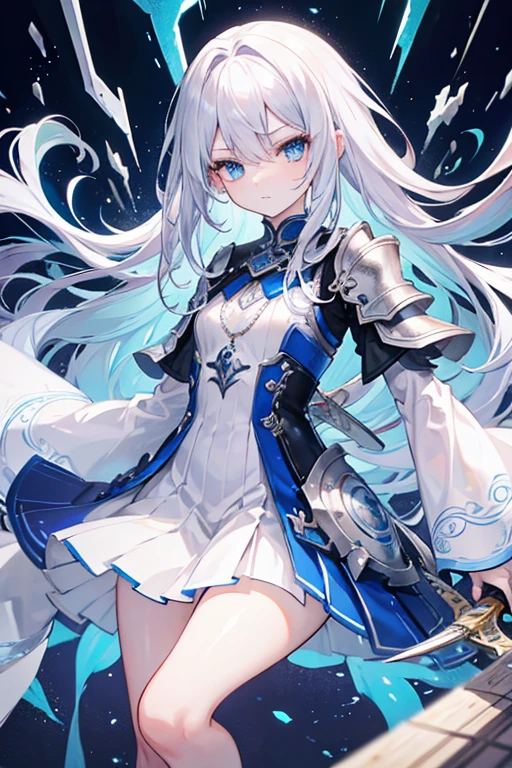 girl,Highest quality,,Silver Hair,,blue eyes,,White skin,sleepiness,Very long hair,,Half an eye,rock,Constraints,small胸,,Dragon Horn,,tattoo,small,Dress shirt,Pleated skirt,Buster Sword,armor,thunder,cool、looks strong、battle、Pause、Shining Eyes、Beautiful eyes、Smooth skin、finely、Fine hair