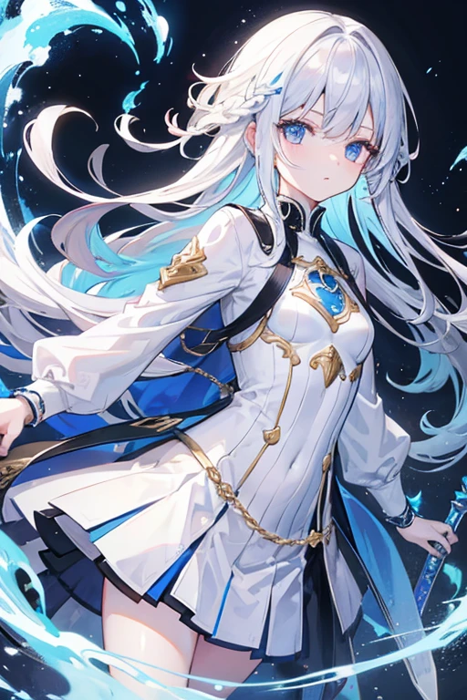 girl,Highest quality,,Silver Hair,,blue eyes,,White skin,sleepiness,Very long hair,,Half an eye,rock,Constraints,small胸,,Dragon Horn,,tattoo,small,Dress shirt,Pleated skirt,Buster Sword,armor,thunder,cool、looks strong、battle、Pause、Shining Eyes、Beautiful eyes、Smooth skin、finely、Fine hair