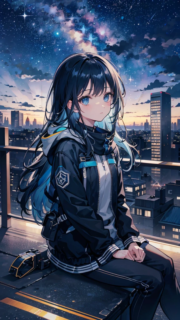 octane, sky, Star (sky), scenery, Starry sky, Night, 1girll, Night sky, Solo, Outdoors, Building, Cloud, Milky Way, Sitting, tree, Long hair, City, Silhouette, Cityscape, Looking Up The Sky, 8K, Beautiful night sky, Ray tracing, Masterpiece, Cute face