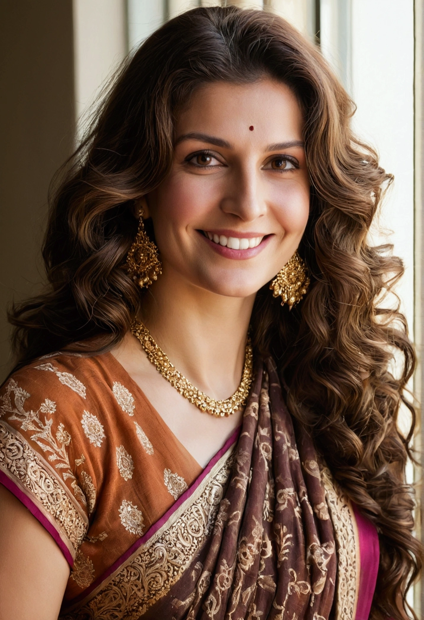 A cheerful, Caucasian woman with long, wavy brown hair dressed in a richly patterned saree, her face lit by natural light as she poses for a close-up headshot