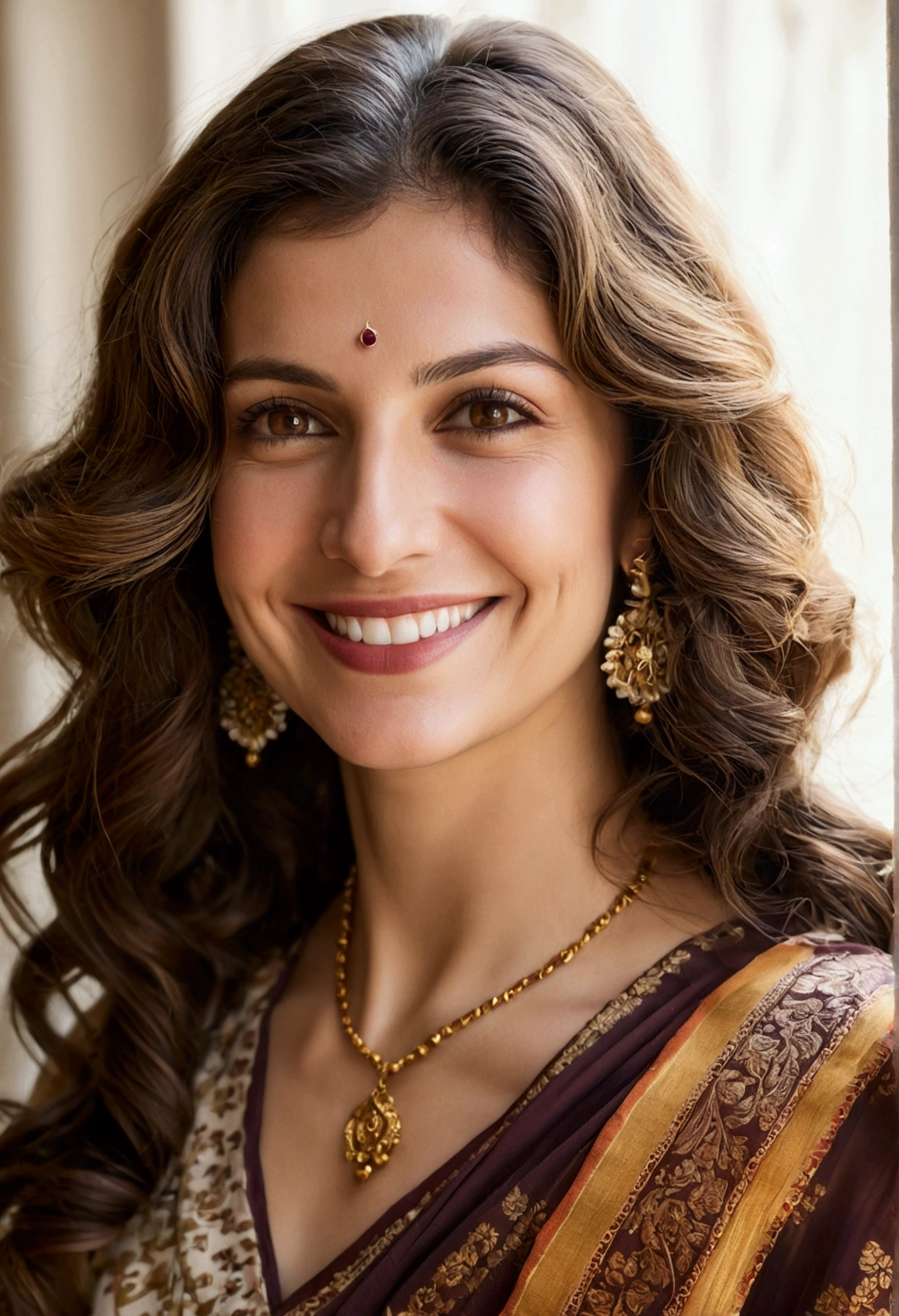 A cheerful, Caucasian woman with long, wavy brown hair dressed in a richly patterned saree, her face lit by natural light as she poses for a close-up headshot