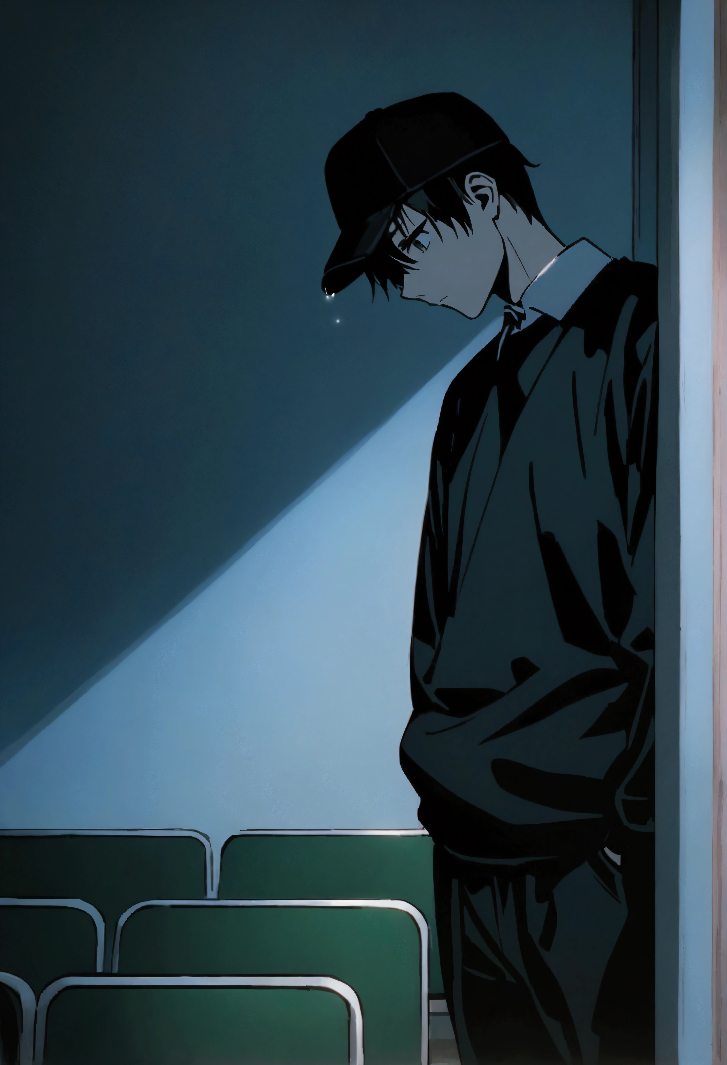 Anime photo with a thin black-haired boy leaning against the wall and looking at his body and face to the left, He has a black cap with a black sweatshirt and in the background there is a moon and it is night, the boy looks down sadly and it rains, 4k A young man stands pensively in a empty auditorium, with rows of green velvet seats behind him. He wears a black sweatshirt with a white collared shirt. The scene is captured in black and white, emphasizing dramatic the somber mood; partially obscured. The lighting is soft, contributing to the contemplative atmosphere.