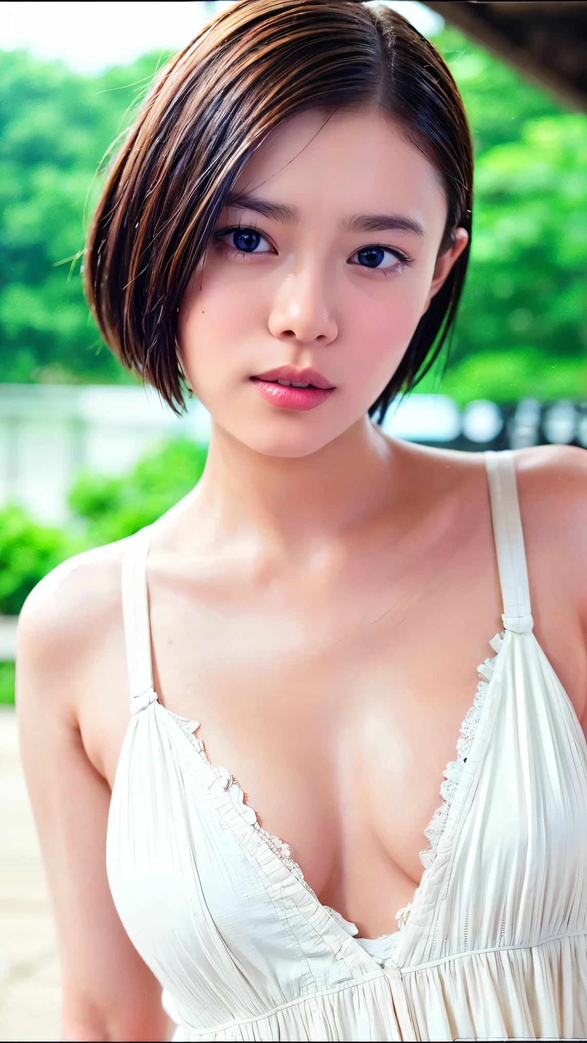 (1 girl,  Girls,Small breasts, Short Bob Hair, White bra, panties), Fair-skinned, Glossy Lips, skinny, Body Type, Delicate and sexy collarbone, Highest quality, RAW Photos, Realistic, face, Incredibly ridiculously beautiful girl, cute, Depth of written border, High resolution, 超detailed, detailed, Very detailed, extremely detailed eye and face, Sharp pupils, Sharp focus, Cinema Lighting