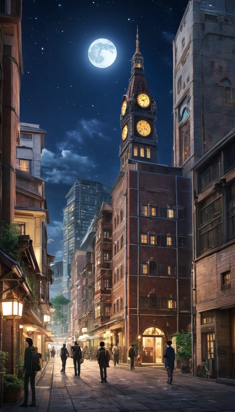 A city surrounded by high walls、City of Attack on Titan、Starry Sky、The big shining full moon、A tall building with a clock tower