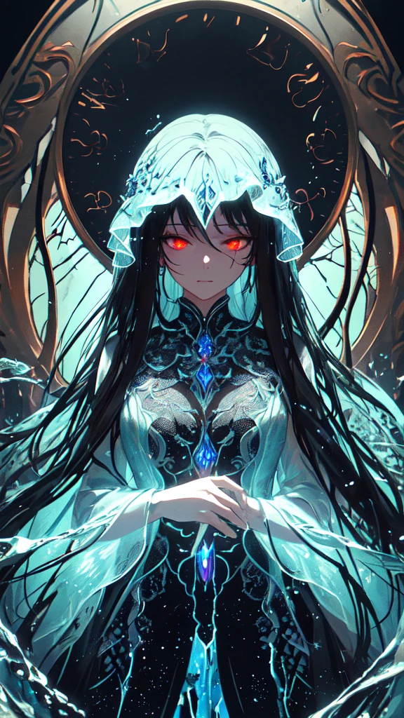 (masterpiece, Highest quality, Very detailed, Best Shadow), (Detailed Background,Dark fantasy), (Beautifully detailed face), High Contrast, (Best lighting, Very delicate and beautiful), ((Cinematic Light)), colorful, Hyper Detail, Dramatic Light, Intricate details, (1 girl, alone,Black Hair, Sharp Face,Long Hair,Red eyes, Hair between the eyes,Dynamic Angle), Blood splatter, Black light swirling around the character, Depth of written boundary,black light particles,(Broken glass),water,Long Black Hair、Immerse yourself in water up to your neck,The body is invisible through the water,clock,profile,View from below,Looking down