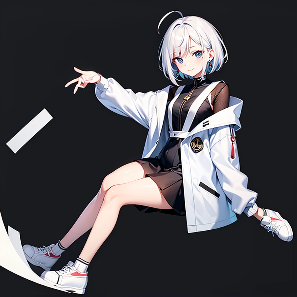 超A high resolution, Best aesthetic, Top quality depiction of the foot, Put on a jacket, Flat Avatar, Anime visuals of cute girls, Cute art style, chibi, White hair、Shorthair, Ahoge, is shy, A smile, hair adornments,drawing on paper, simple background, earrings, jewely, side locks, large oval eyes,