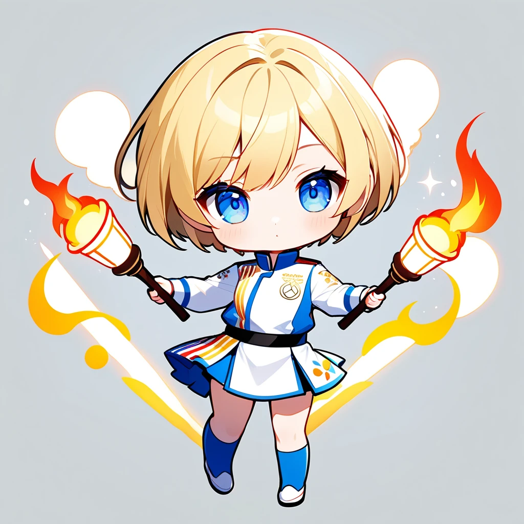ultra-small deformation, Chibi Cute, 1girl, solo, full body, blonde short hair, blue eyes, wearing white Olympic torchbearer uniform, she is juggling with three lit torches, High contrast and vivid color, simple background