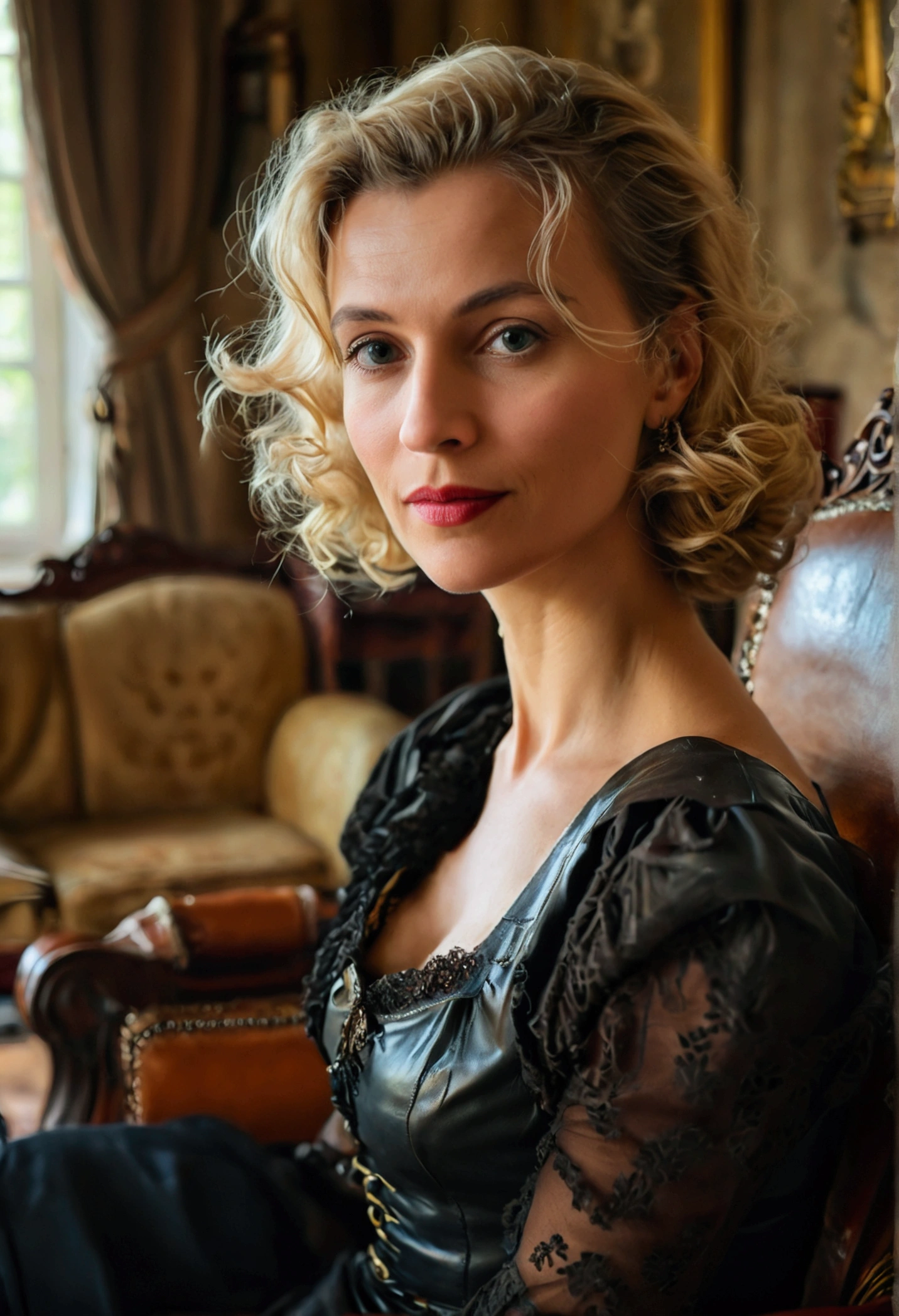 portrait of a 38-year-old blonde French woman from 1940, period dress, genuine leather, sitting takes a selfie like a smartphone, (living room with period furniture, moody soft light: 1.2)