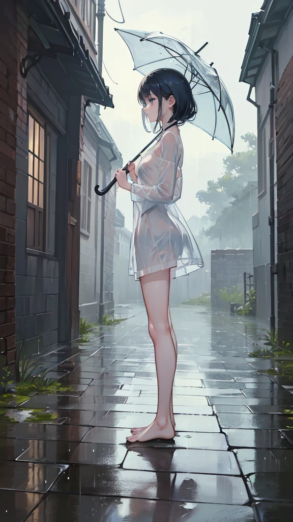 ((True best masterpiece, Ultimately perfect quality, Extremely delicate details)), ((Rainy days, Fantasy)) A skinny nude girl with small bust, With barefoot, Wearing any clothes, Using an umbrella, Standing alone, Looking up at the gloom sky, Cobblestone floor tiles, Profile
