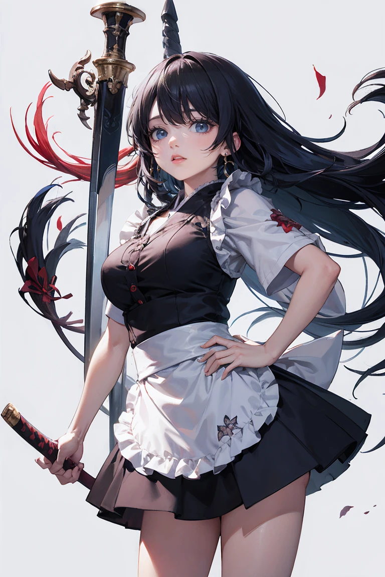 masterpiece, Highest quality, Absurd, Perfect Anatomy, Unity 8k wallpaper,Best Anime,Shoot from the front,Cowboy Shot,20 year old beauty、Boa Hancock,Black Hair,Long Hair, ,Slender body,Large Breasts,Turn your body towards the viewer、waitress,Japanese Clothing、In the same way、Holding the Japan sword、A Japanese sword drawn with precision and accuracy、I'm ready to fight with my sword、Outdoor、wilderness、