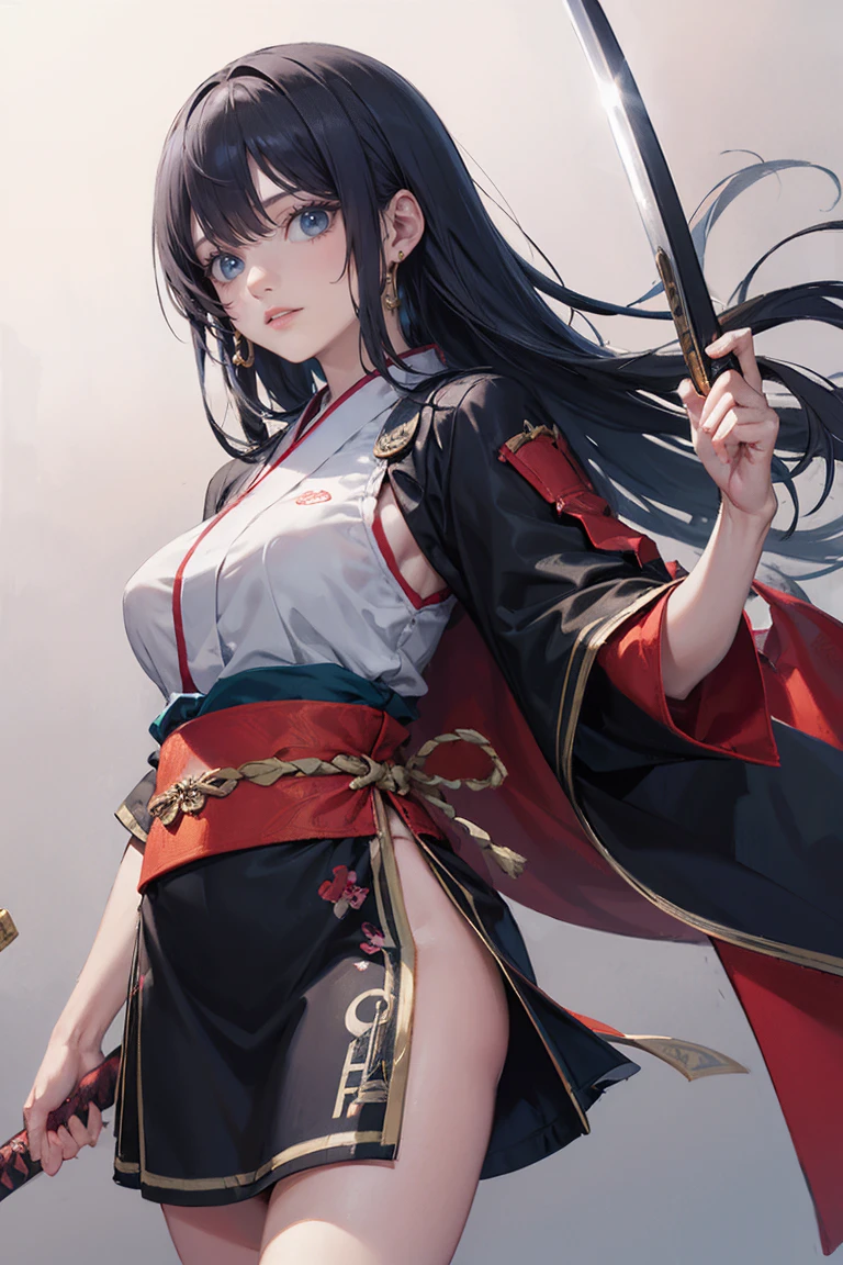 masterpiece, Highest quality, Absurd, Perfect Anatomy, Unity 8k wallpaper,Best Anime,Shoot from the front,Cowboy Shot,20 year old beauty、Boa Hancock,Black Hair,Long Hair, ,Slender body,Large Breasts,Turn your body towards the viewer、waitress,Japanese Clothing、In the same way、Holding the Japan sword、A Japanese sword drawn with precision and accuracy、I'm ready to fight with my sword、Outdoor、wilderness、
