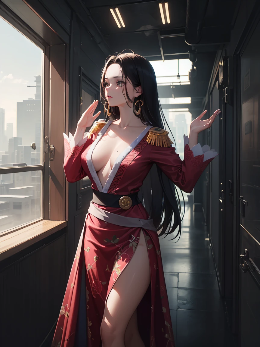 Hancock 1, One girl, Boa Hancock, Large , Long Hair, Epaulettes,
break ((Official Costume:1.5)),
break Cyberpunk_City View, In front of the window, Stand in an upright and immobile position,Underarm,Raise your arms,
break (masterpiece:1.2), Highest quality, High resolution, unity 8k wallpaper, (figure:0.8), (Beautiful attention to detail:1.6), Highly detailed face, Perfect lighting, Highly detailed CG, (Perfect hands, Perfect Anatomy),