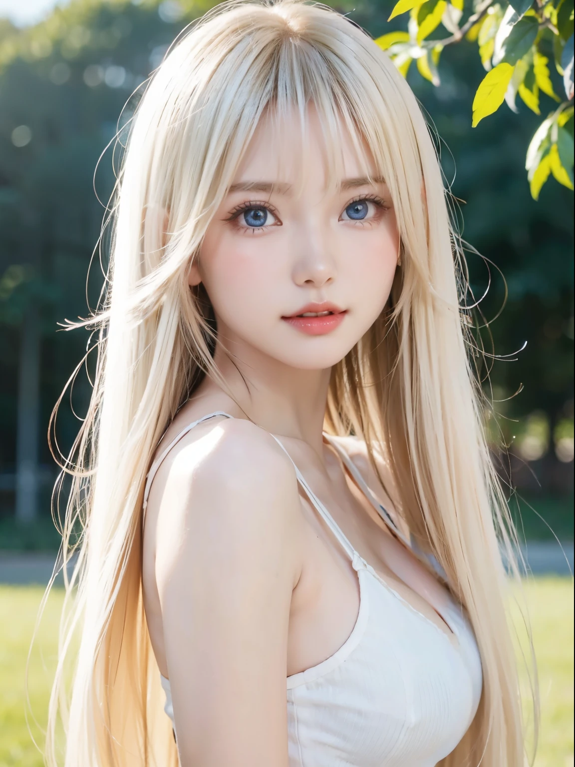 transparent white glossy skin、Windy hair gets in the way in front of your cute face、giant 、20 years old cute y little beautiful face、Shiny, beautiful straight hair、big, shining sky blue eyes、Long soft bangs that cover cute eyes, sexace hiding hair super long hair sexy c young woman long natural blonde shiny bright hair