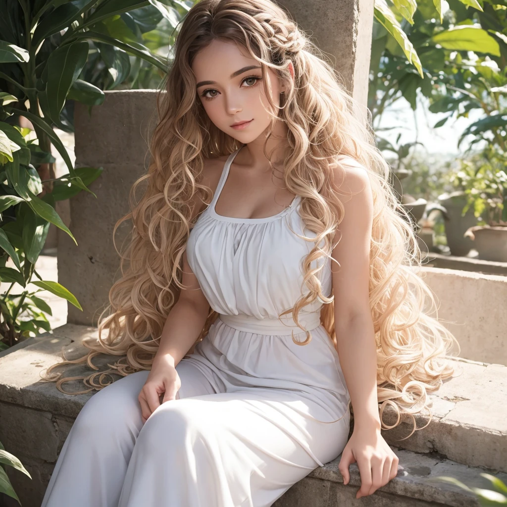 woman with long curly hair wearing white clothing sitting in the sun receiving universal vital energy