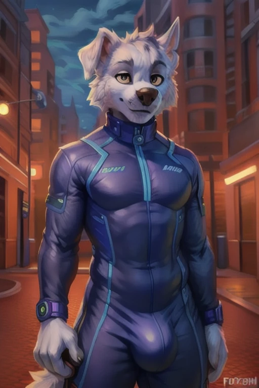 detailed fluffy fur texture, impasto impressionism, (by foxovh, ross tran, michael garmash, pino daeni, iskra), detailed eyes, highly detailed pupils, solo, furry, anthro, rocky-pp, domestic dog, male, blue eyes, white fur, white body, fur body, fully clothed, detailed fluffy fur texture, curvy, wide hips, inner fluff ears, from front, standing, blue short latexsuit, Outside background, night, 1boy, smile, Huge bulge, His 50ft tall, His Gigantic size, WereWolf
