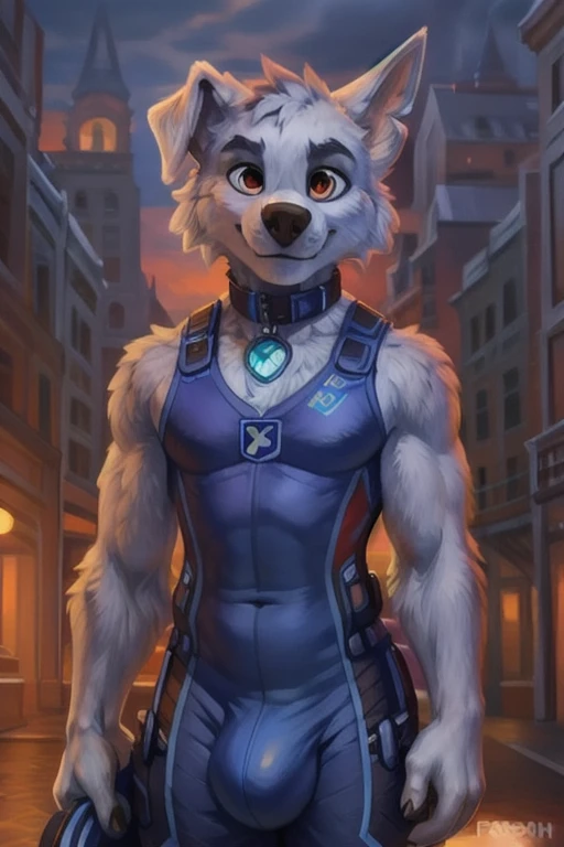 detailed fluffy fur texture, impasto impressionism, (by foxovh, ross tran, michael garmash, pino daeni, iskra), detailed eyes, highly detailed pupils, solo, furry, anthro, rocky-pp, domestic dog, male, blue eyes, white fur, white body, fur body, fully clothed, detailed fluffy fur texture, curvy, wide hips, inner fluff ears, from front, standing, blue short latexsuit, Outside background, night, 1boy, smile, Huge bulge, His 50ft tall, His Gigantic size, WereWolf