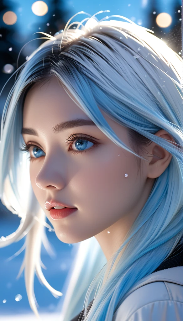 beautiful, young woman, in the crystal and ice area, fluttering ice, snowing,  streaked hair, sliver hair, sky blue hair, long hair, blue eyes, eye reflection, disdain, ray tracing, reflection light, blurry, glowing light, shallow depth of field, chiaroscuro, stereogram, zoom layer, , bokeh, masterpiece, best quality, high quality, HD