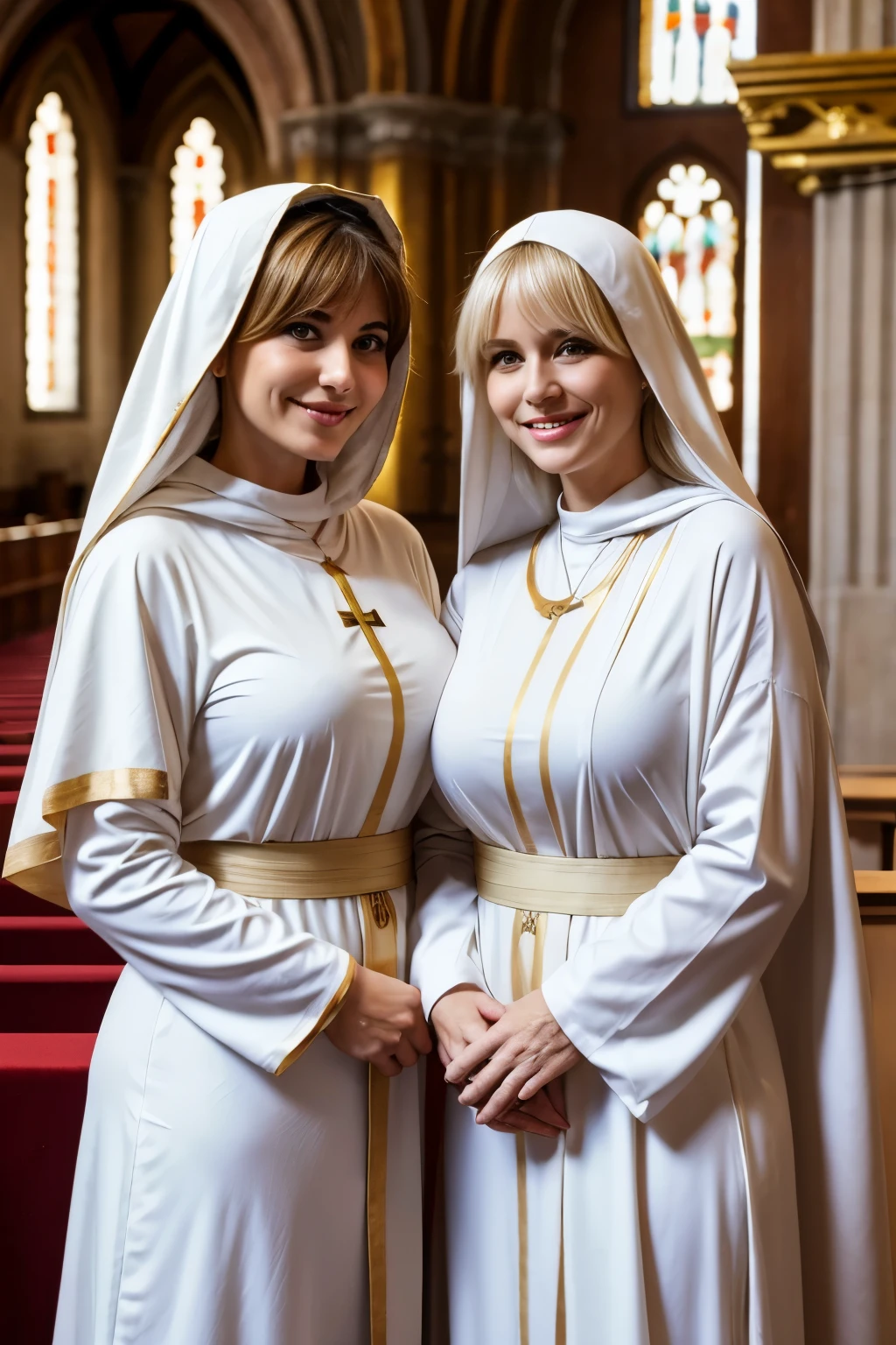 Two Italian women、Mature mother and beautiful daughter、Blonde Hair、With bangs、smile、Huge breasts、Sexy body、White monastic vestments、Nuns、Standing cuddly、In the church