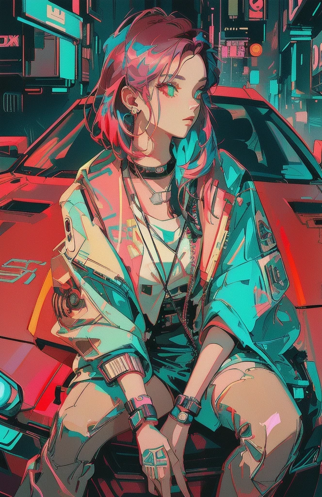 a close up of a giirl sitting on a car with a coin, in style of digital illustration, cyberpunk art style, art deco outrun anime aesthestic, digital art style, cyberpunk vibes, lofi artstyle, anime style 4 k, style digital painting, inspired by Liam Wong, stunning art style, badass anime 8 k, cyberpunk vibe, 4k detailed digital art