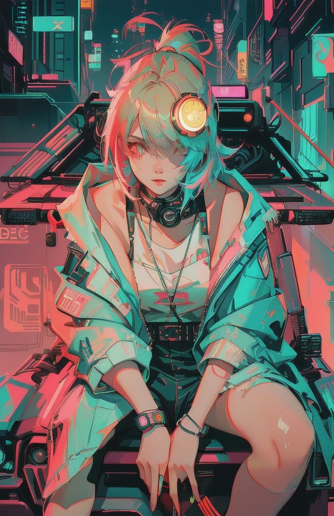 a close up of a giirl sitting on a car with a coin, in style of digital illustration, cyberpunk art style, art deco outrun anime aesthestic, digital art style, cyberpunk vibes, lofi artstyle, anime style 4 k, style digital painting, inspired by Liam Wong, stunning art style, badass anime 8 k, cyberpunk vibe, 4k detailed digital art
