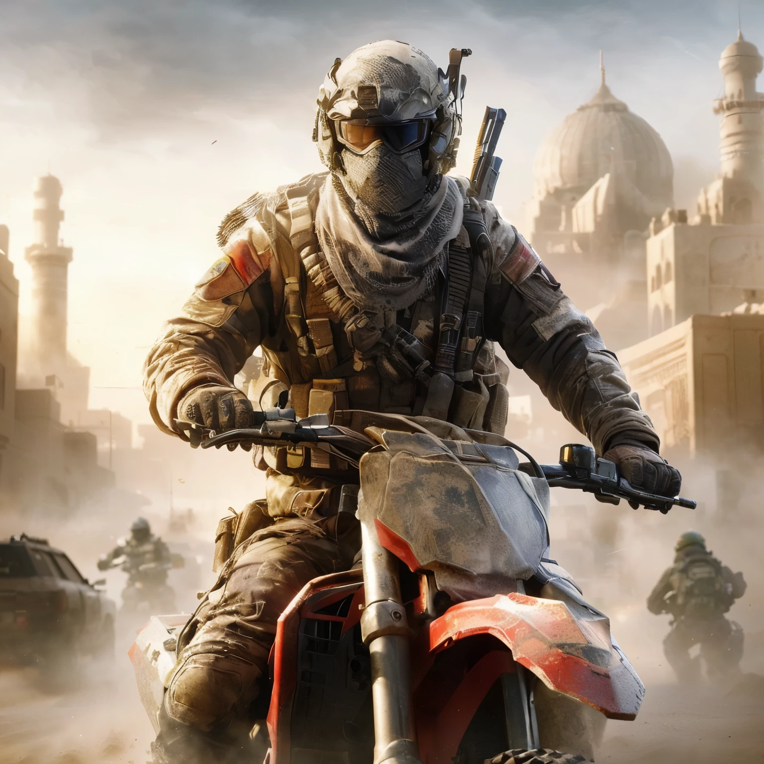 arafed image of a man riding a motorcycle in a desert, battlefield backround, warzone background, game cover, game key art, sandstorm, fps game, action game, mobile wallpaper, game cover art, cover game art, video game cover, hq 4k phone wallpaper, fps shooter game, epic sandstorm battle, during sandstorm, spec ops mask