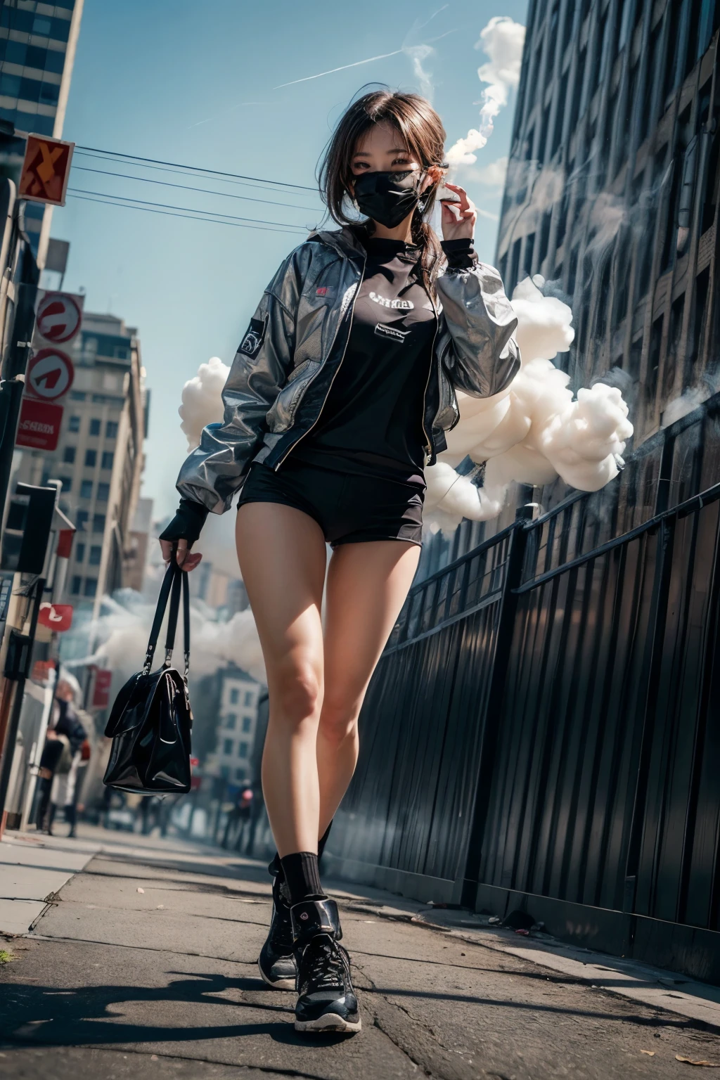 ((best quality)), ((masterpiece)), (detailed), 1girl, wearing mask, she is runing and holding a smoke bomb(colored smokes) in the city, full body(low angle)