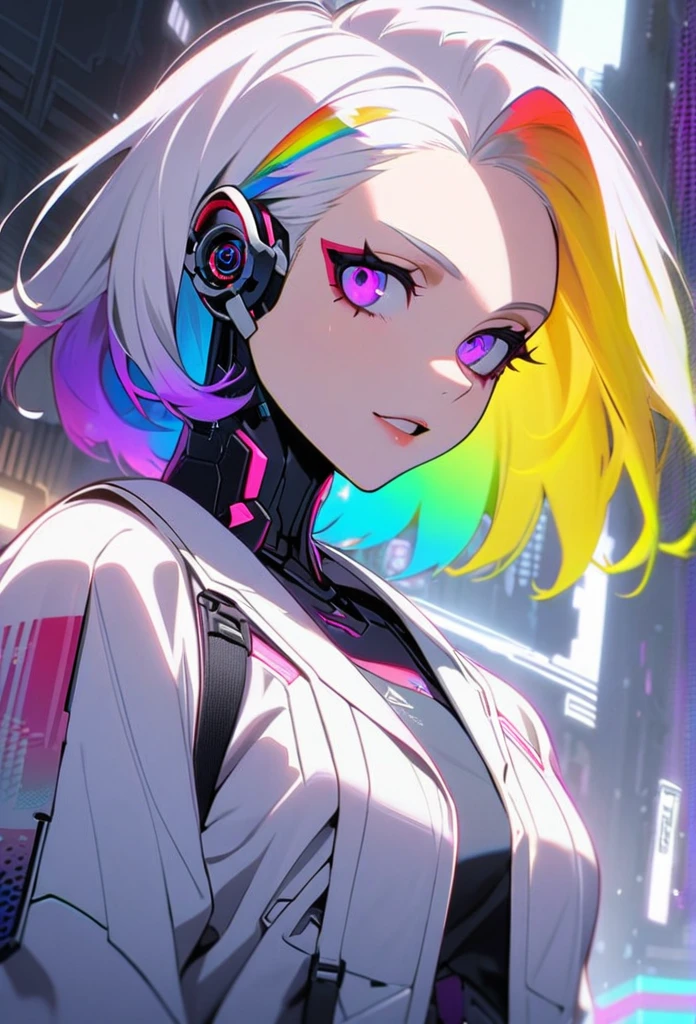 Handsome, solo, 1 female, medium hair, white hair, rainbow hair, purple eyes, white clothes, futuristic, cyberpunk, cybernetic