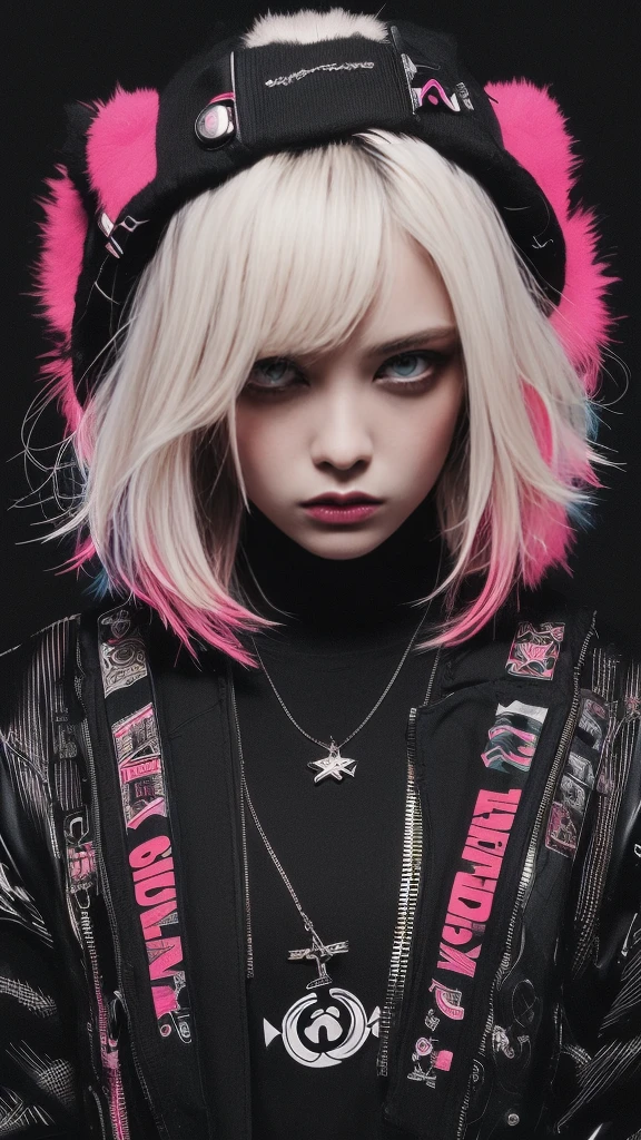 ((((dramatic))), (((gritty))), (((intense))) film poster featuring a young platinum white hair woman as the central character. She stands confidently in the center of the poster, wearing a stylish and edgy Harajuku-inspired hip hop outfit, with a determined expression on her face. The background is aesthetic atmospheric dark and gritty, with a sense of danger and intensity. The text is bold and attention-grabbing, with a catchy tagline that adds to the overall feeling of drama and excitement. The color palette is mainly dark with splashes of vibrant neon colors, giving the poster a dynamic and visually striking appearance,tachi-e
(magazine:1.3), (cover-style:1.3), fashionable, woman, vibrant, outfit, sexy seductive posing, front, colorful, dynamic, background, elements, confident, expression, holding, statement, accessory, majestic, coiled, around, touch, scene, text, cover, bold, attention-grabbing, title, stylish, font, catchy, headline, larger, striking, modern, trendy, focus, fashion,