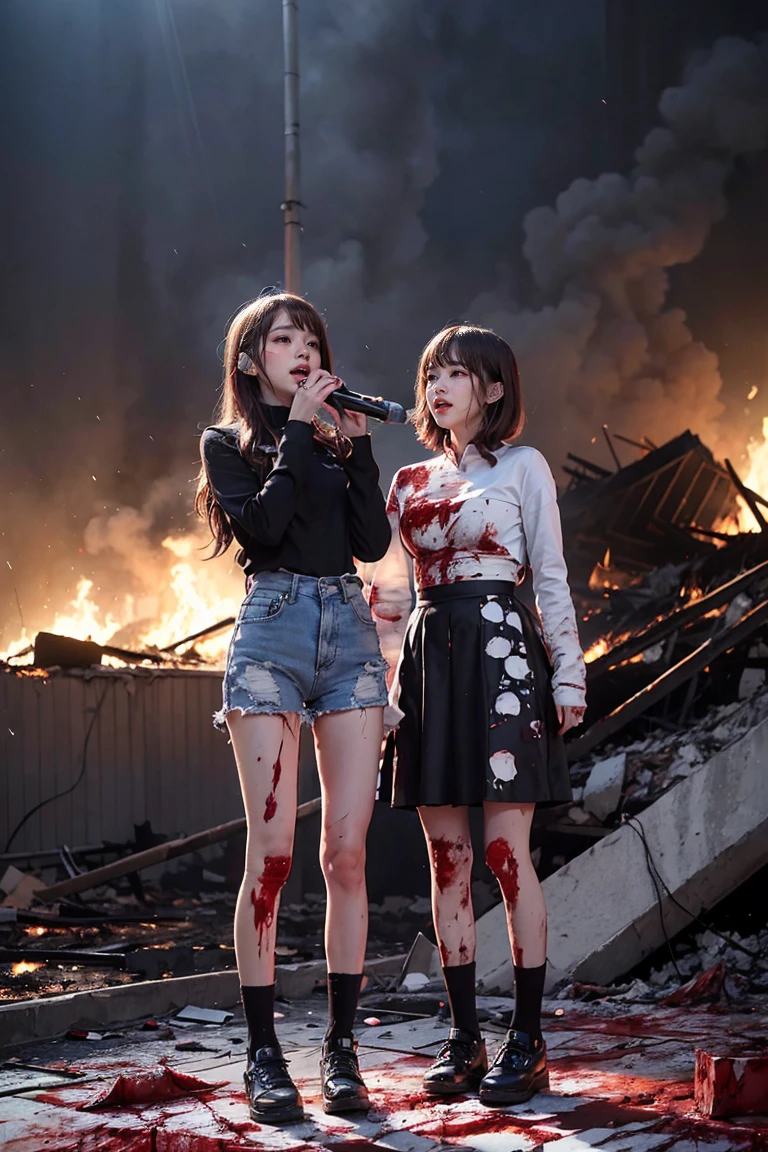 Two idol girls standing among burning rubble(hurt blood:1.4)Microphone singing Tokyo rain detailed photo real