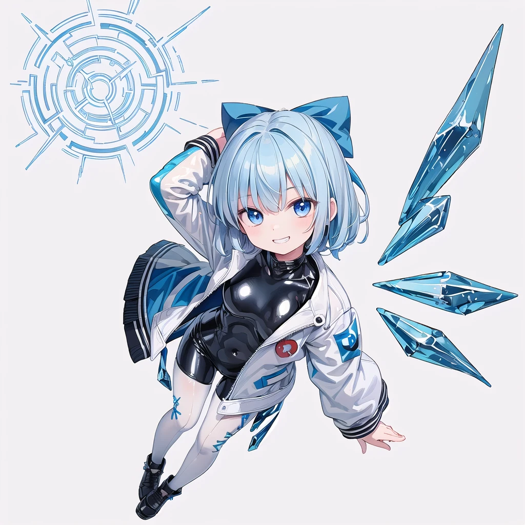 (((high quality))),(((masterpiece))),(((highly detailed))),((illustration style)),(((one girl)))(((cirno))), (touhou),(((short hair,blue hair))),ice wings,(((blue eyes))),(((bangs))),(((white leather jacket))),(((blue full bodysuit))),((latex)), (shiny clothes:1.2),(((grin))),(((full body))),(((arm behind head))),(((model posing))),((((simple white background))),(((Angle from above)))