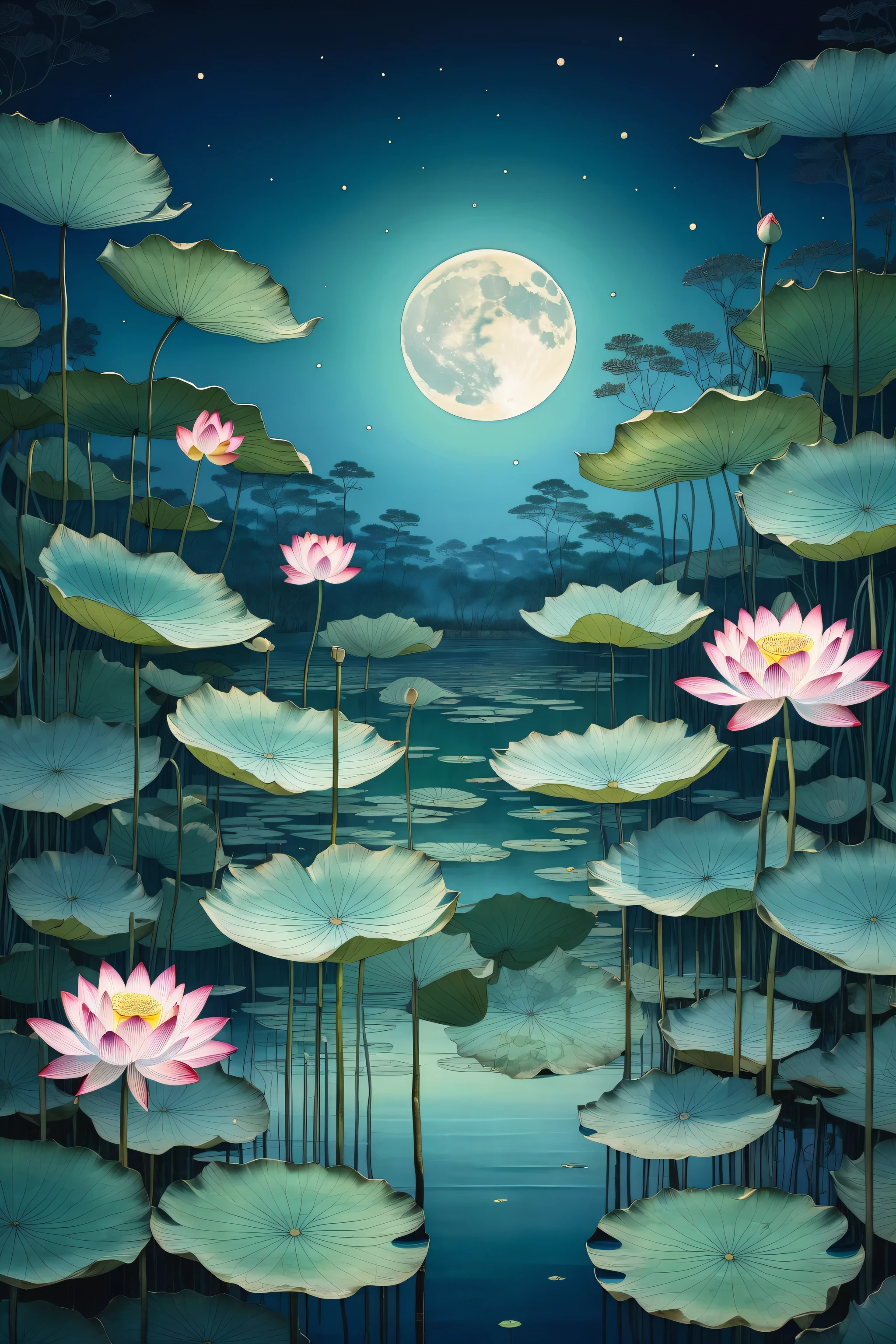 a detailed ink illustration on parchment of a lotus pond under the moonlight, dramatic lighting, intricate line work, delicate flora and fauna, reflections on the water, moody blue-green color palette, masterpiece, (best quality,4k,8k,highres,masterpiece:1.2),ultra-detailed,(realistic,photorealistic,photo-realistic:1.37)