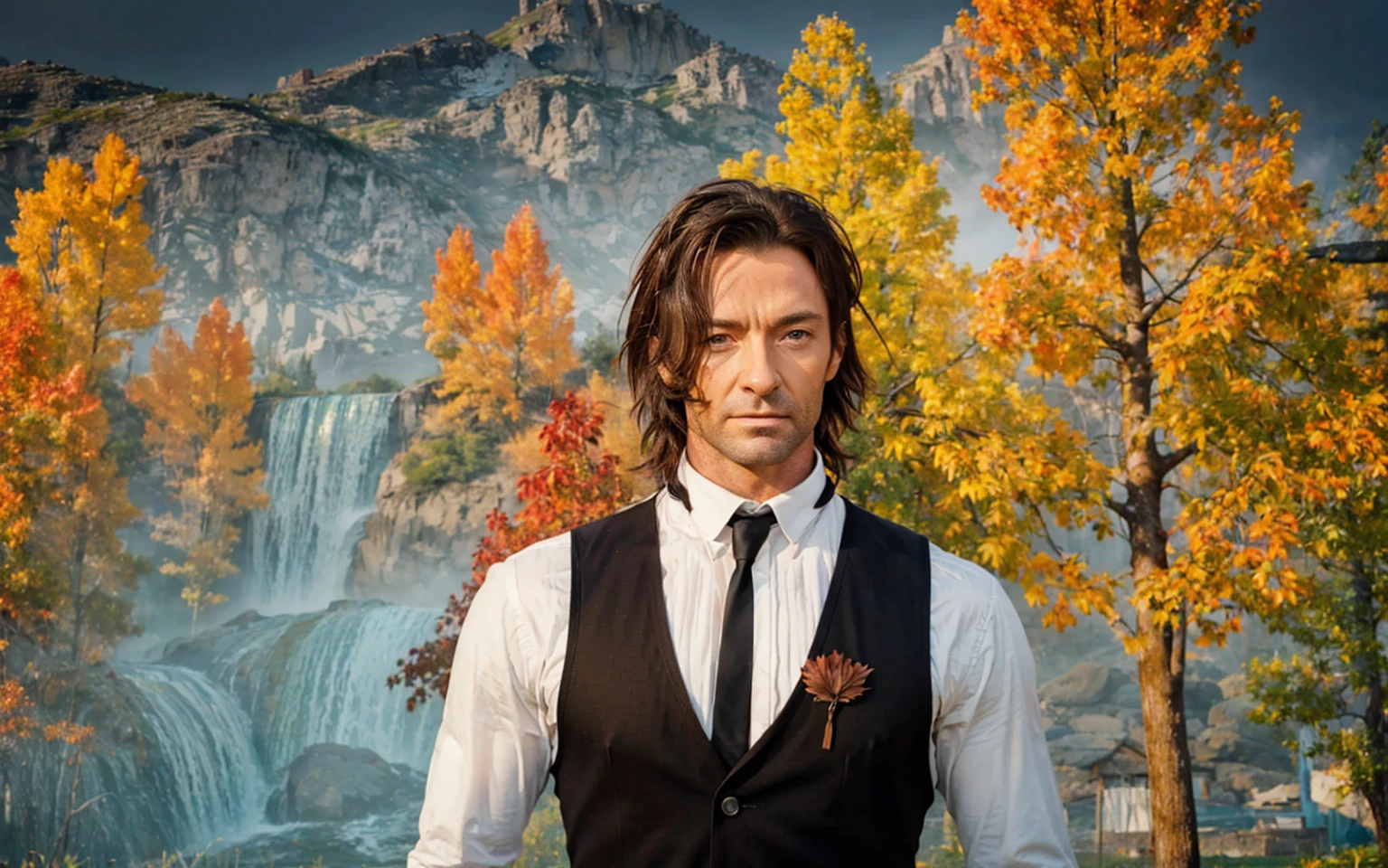 front bust of hugh jackman as wolverine looking at the camera on a studio background