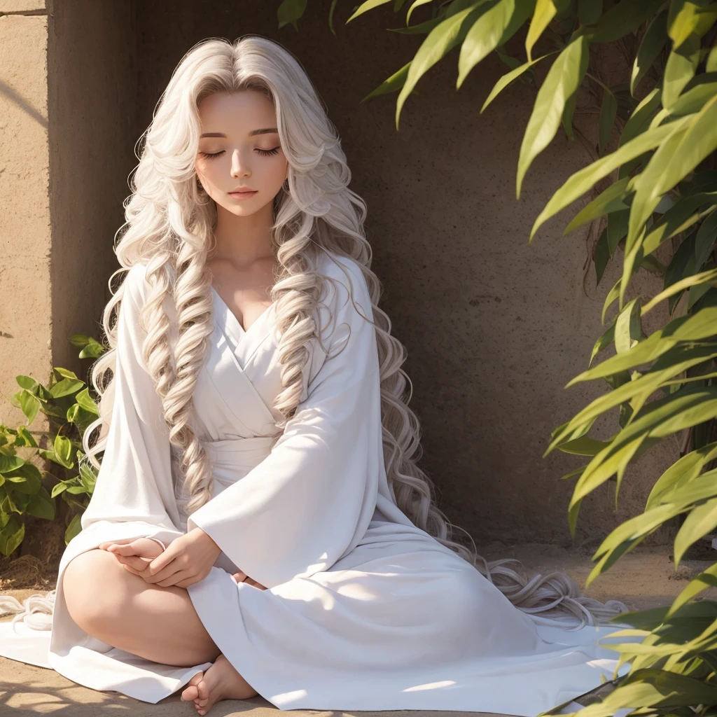 woman with long curly hair wearing white robe meditating sitting in the sun receiving universal vital energy 