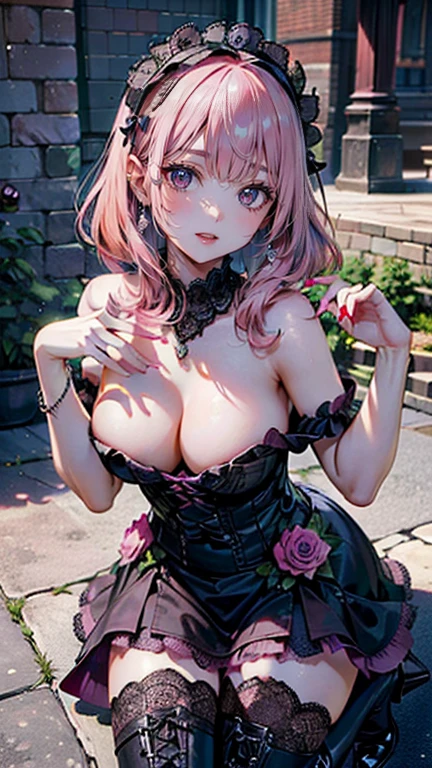 (masterpiece, Highest quality:1.3), (Very detailed:1.2), (hyperRealistic:1.3), (RAW Photos:1.2), High resolution raw color photos, Professional photos, (PhotoRealistic:1.4), (Realistic:1.4), (Pink Hair:1.5), Professional Lighting, Perfect Anatomy, (Big Breasts:1.2), (blush, Detailed face), (Bright smile:1.5), Trending Hair&Trending Hairカラーをランダムに, Earrings, necklace, bracelet, sexy, erotic sexy, ランダムなsexyなグラビアポーズ, (Beautiful cosplayer in a purple and black gothic ta dress、The mysterious smile of an old church、Black rose in hand。Lace headdress on head、She is wearing black boots。: 1.3)、Succubus