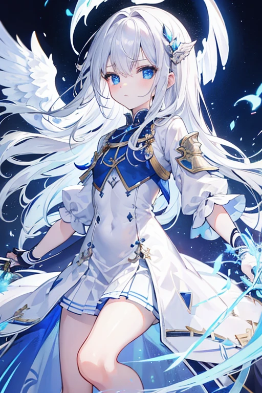 girl,Highest quality,,Silver Hair,,blue eyes,,White skin,sleepiness,Very long hair,,Half an eye,Constraints,small胸,small,Dress shirt,Pleated skirt,Buster Sword,armor,thunder,cool、looks strong、battle、Pause、Shining Eyes、Beautiful eyes、Smooth skin、finely、Fine hair、wing、白のwing、Ring on head、Angel