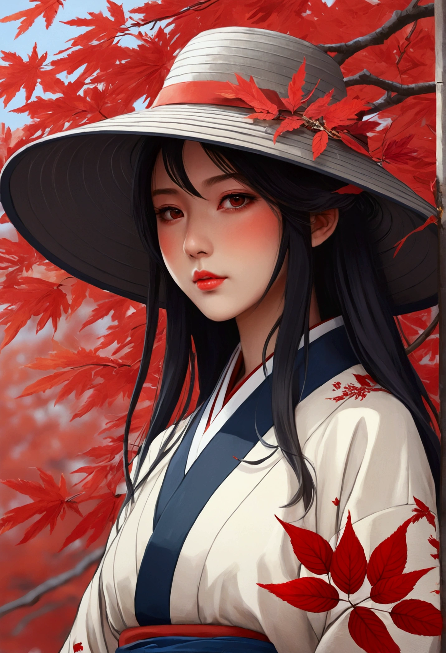 Painting of a woman wearing a hat with red leaves, anime drawing Kamisaki Sekka, Pixiv competition winner, ukiyo-e, work in Guweiz style, a masterpiece of Huvaiz, Gouvez on Pixiv Artstation, guweiz on artstation pixiv, Anime Art Wallpaper 4k