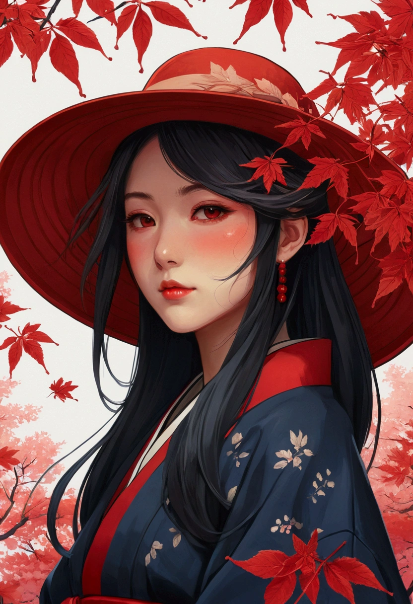 Painting of a woman wearing a hat with red leaves, anime drawing Kamisaki Sekka, Pixiv competition winner, ukiyo-e, work in Guweiz style, a masterpiece of Huvaiz, Gouvez on Pixiv Artstation, guweiz on artstation pixiv, Anime Art Wallpaper 4k