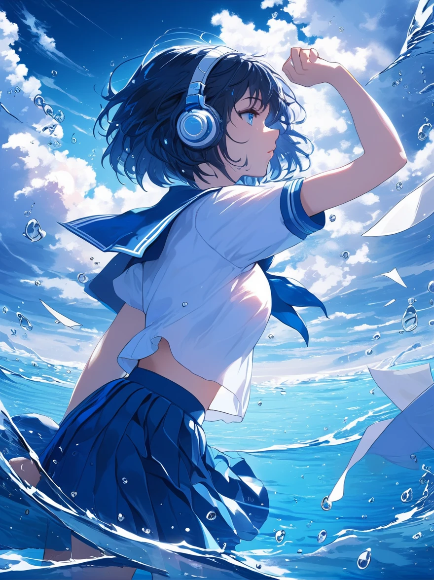 masterpiece,time,1 girl,Alone,headphones,short hair,Skirt,,blue Skirt,sailor collar,serafín,sky,For the blue,handkerchief,short sleeves,blue eyes,white shirt,shirt,water drop,cloud,blue sailor collar,pleated Skirt,on one side,paper,black handkerchief,Chapped lips,day,profile,arm up,seeking out,darkness