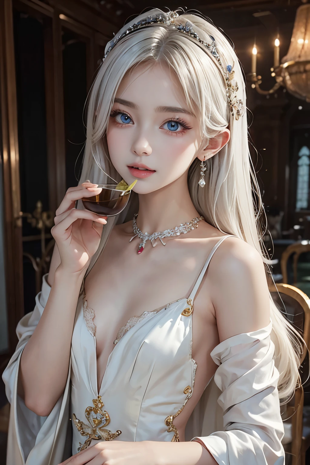 masterpiece,Highest quality,Very detailed,Beautiful girl drinking tea in an antique room,White Hair,Gorgeous dress,Jewelry Teenager,Perfect Face,Beautiful and detailed eyes,Beautiful Skin,skinny,Small breasts,Dynamic