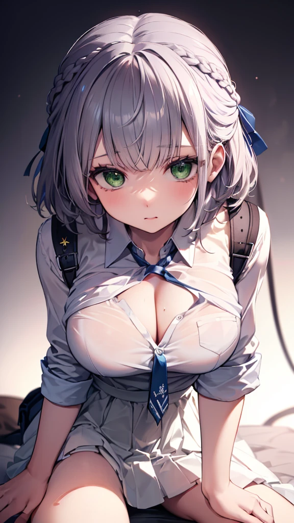 (best quality:1.2), (ultra detailed:1.2),(masterpiece:1.2),(8k:1.2),(Blessed,Captivating body、Ultra detailed hands、Ultra-detailed eyes、Ultra-detailed skin、ultra-detailed face,Detailed Background),One Girl、((white dress shirt, naked shirt,cleavage ,open shirts,large shirts,no panties,bottomless,)),(ecstasy, aroused:1.5), ccnoel, short hair, french braid, hair ribbon, green eyes