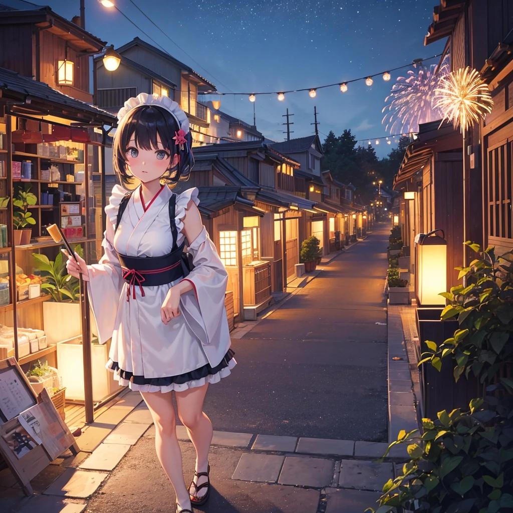 　Maid Girl（Maid clothes（yukata　Swimwear）　）　Main Street　Fireworks in the background　Night Sky　