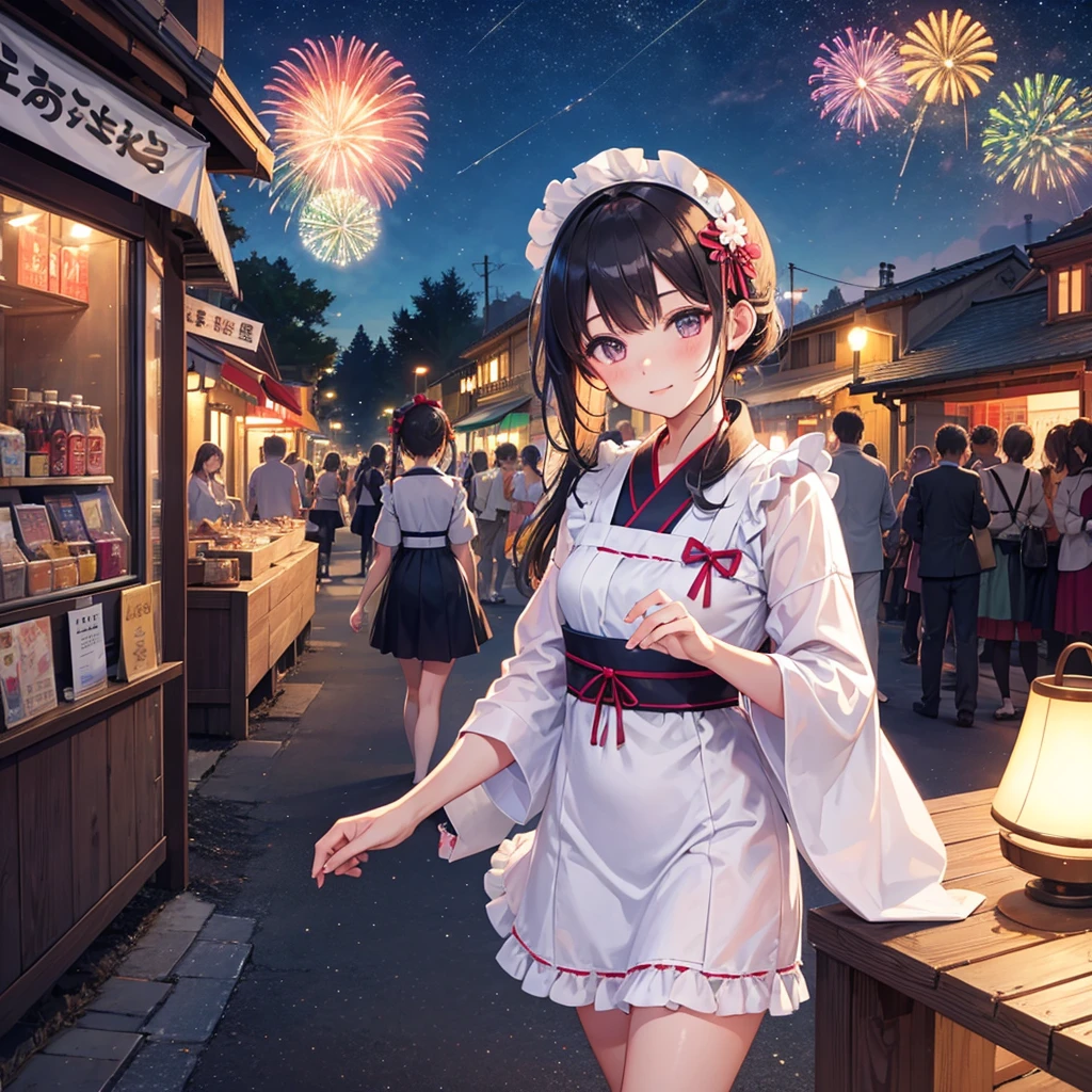 Maid Girl(Maid clothes(yukata Swimwear) ) Main Street Fireworks in the background Night Sky