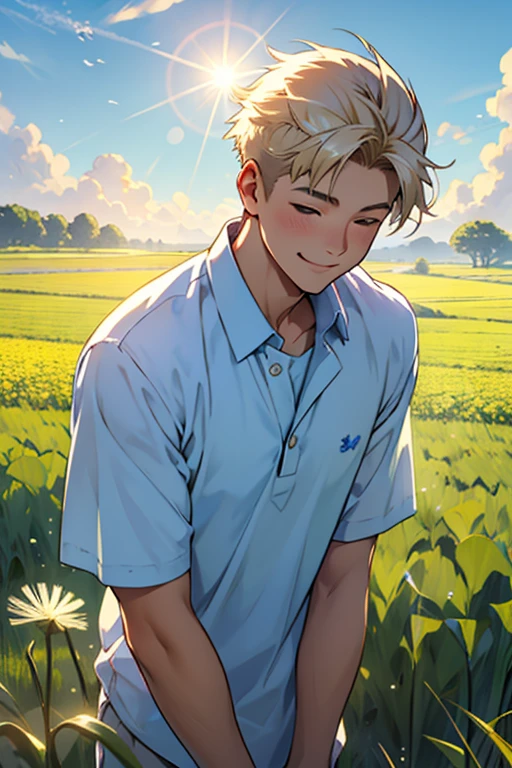 (zh-CN) Farmland, Morning Dew, Sunlit wheat field, Leisurely blooming dandelion, (1 boy), A big smile in the bright sun, Wearing light cotton clothing, Blue Shirt, Gentle and natural.