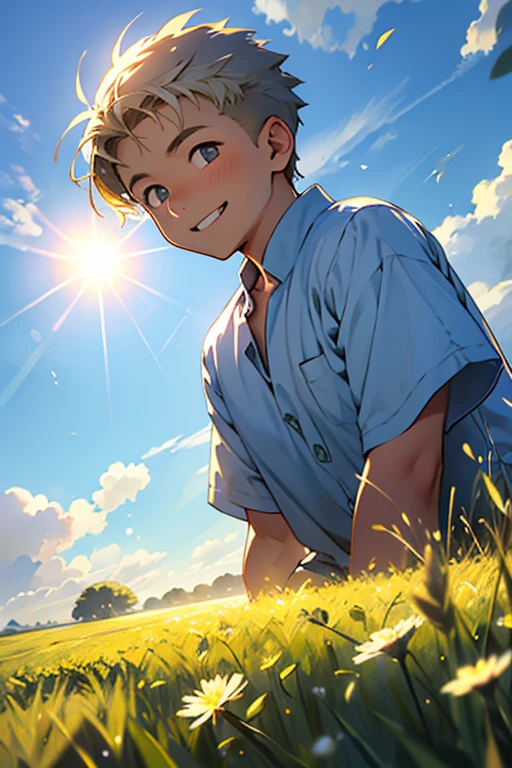 (zh-CN) Farmland, Morning Dew, Sunlit wheat field, Leisurely blooming dandelion, (1 boy), A big smile in the bright sun, Wearing light cotton clothing, Blue Shirt, Gentle and natural.