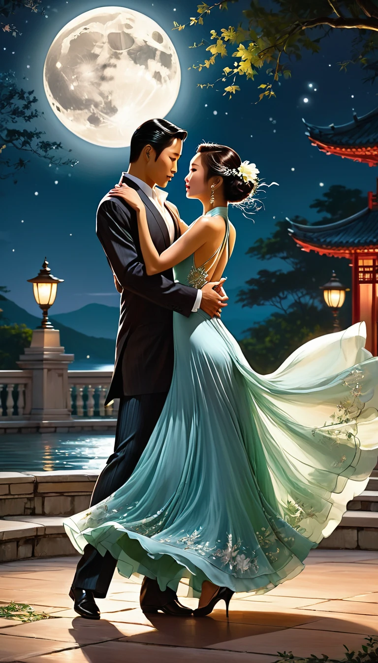 1 asian girl in long dress dance tango with a man in the moonlight,realistic,halter dress ,best quality, masterpiece, highres, original, extremely detailed wallpaper,an extremely delicate and beautiful,