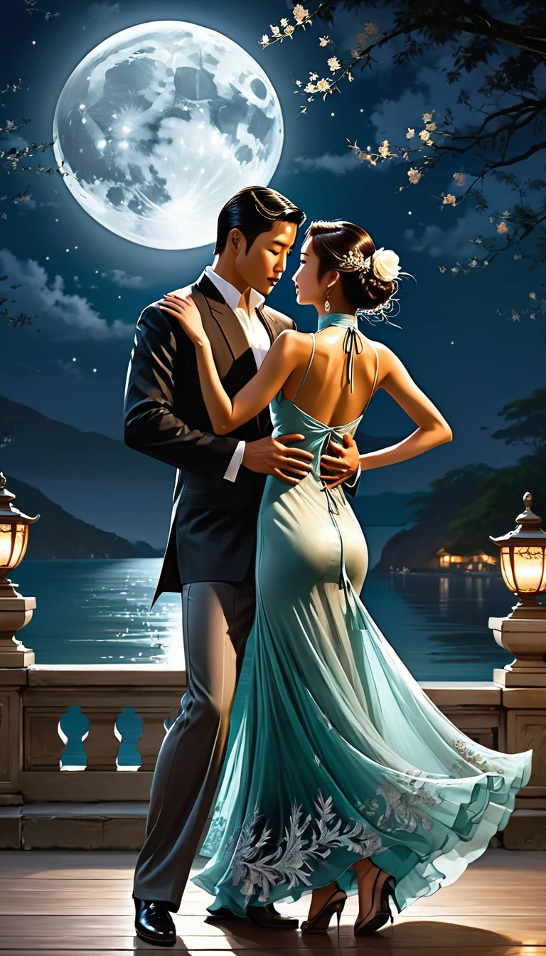 1 asian girl in long dress dance tango with a man in the moonlight,realistic,halter dress ,best quality, masterpiece, highres, original, extremely detailed wallpaper,an extremely delicate and beautiful,